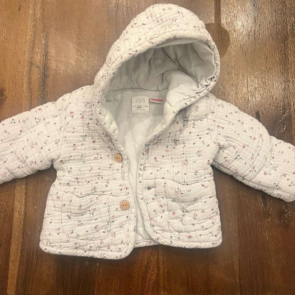 Zara Light Gray Quilted Hooded Jacket with Tiny Pink Floral Print